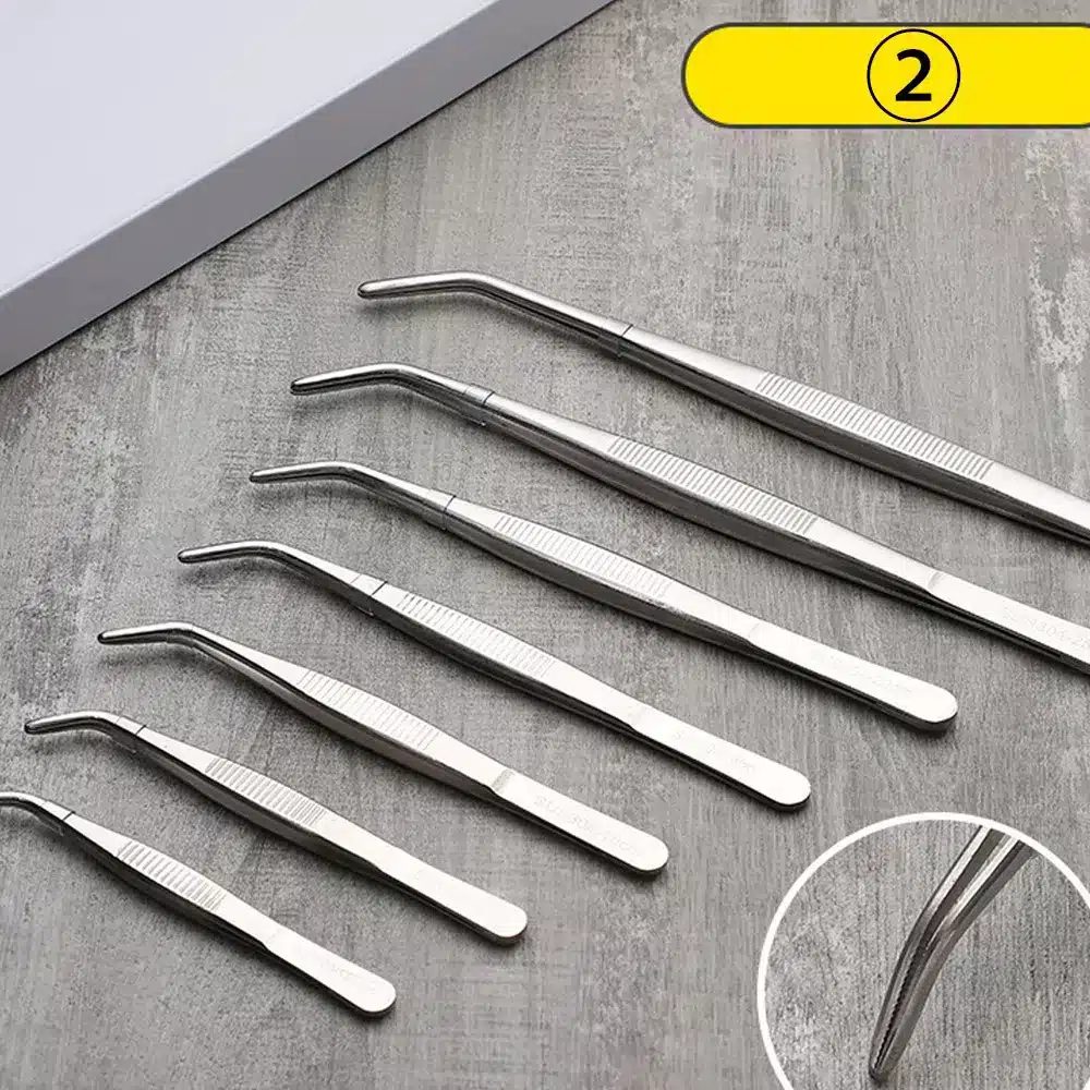 Stainless-Steel-Tweezers-with-Curved-Pointed-Serrated-Tip-Home-Medical-Dental-Garden-Daily-Kitchen-Precision-Tweezer-4 מלקחיים פינצטה איכותית מנירוסטה מעוגלת / ישרה לטיפול בצמחים (גדלים שונים 14 עד 20 ס”מ)
