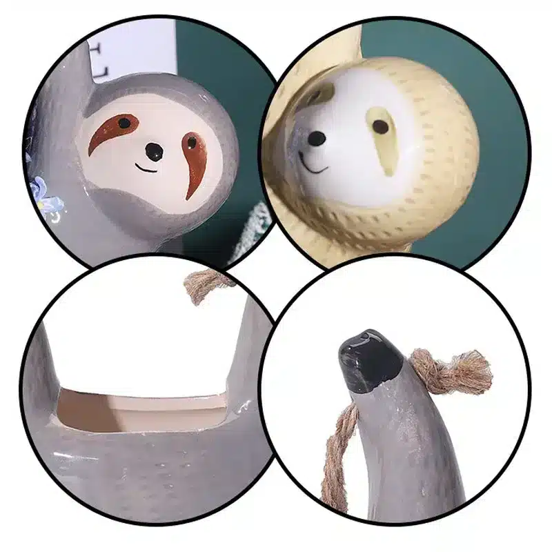 1Pcs-Ceramic-Hanging-Plant-Pots-Scindapsus-Chlorophytum-Hanging-Flower-Basket-Flower-Pot-Cartoons-Animal-Vase-Garden-1 עציץ תלוי מעוצב עם חבל יוטה - דמות עצלן קרמיקה בעבודת יד | עיצוב דקורטיבי למרפסת ולבית