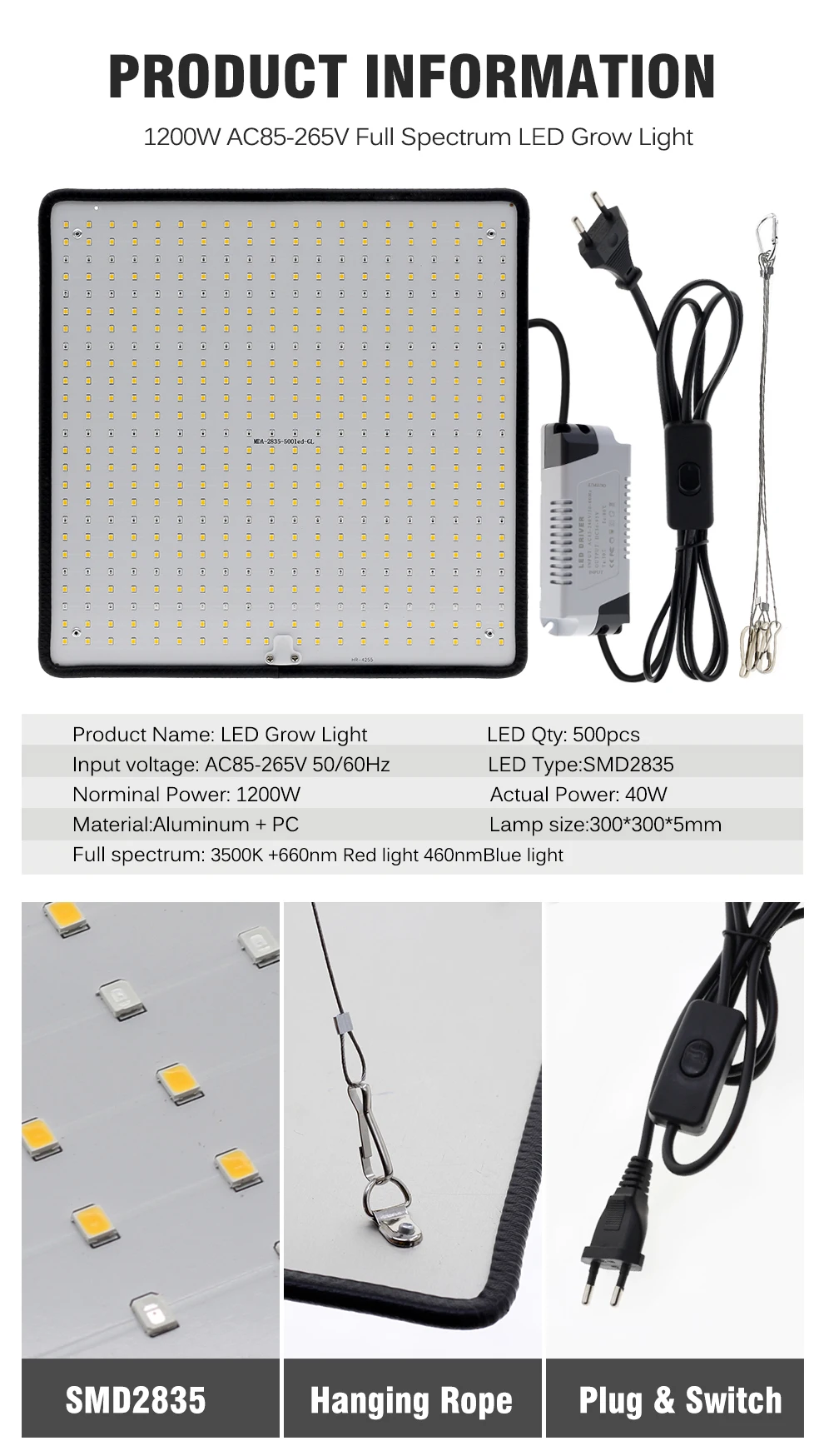מנורת גידול LED מקצועית לצמחים 1200W ספקטרום אור מלא בכיסוי עד 3 מר