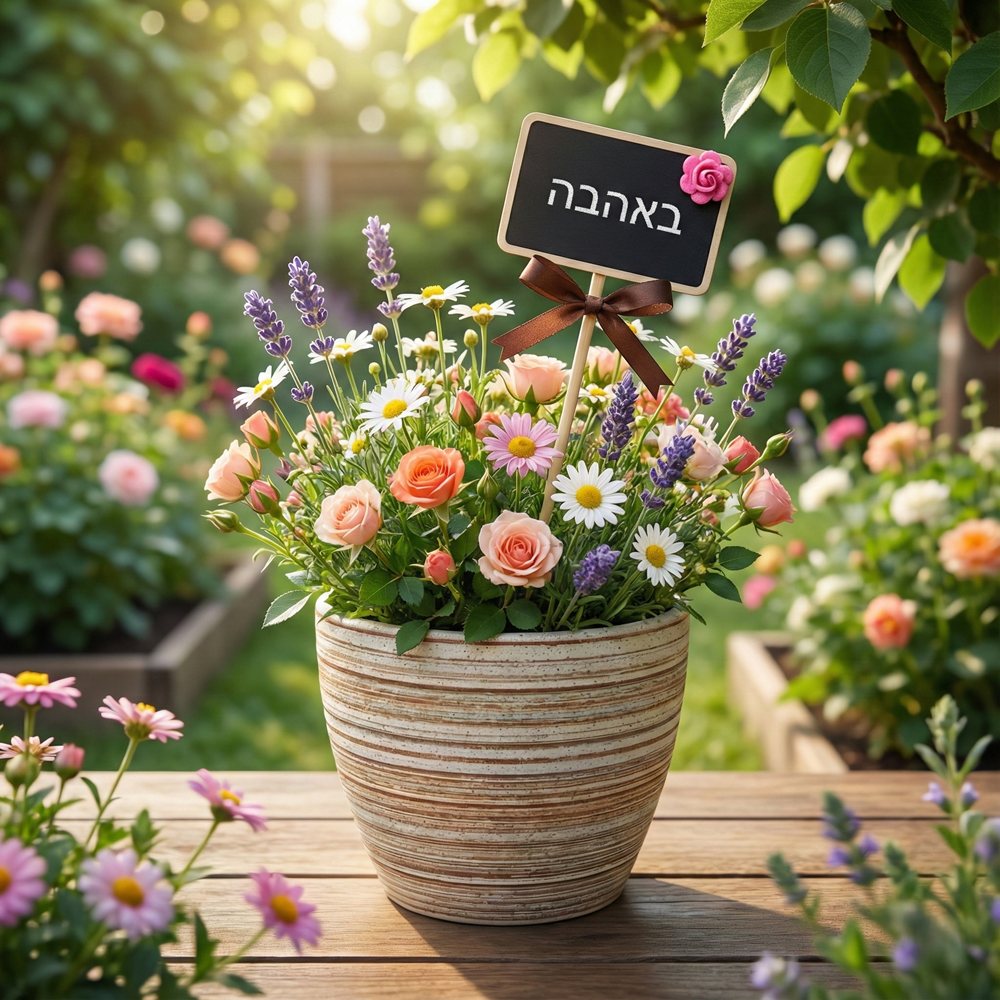 שלט לוח לעציץ עם הכיתוב - באהבה