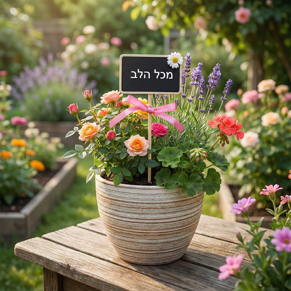 שלט לוח לעציץ עם הכיתוב - מכל הלב
