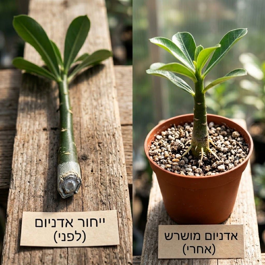 ייחור אדניום לפני ואחרי השרשה